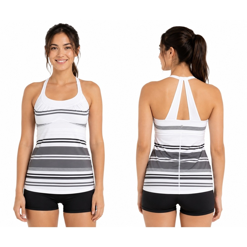 Lululemon Striped Tank Top Racerback Built-In Bra White Gray Size 6  Scoop Me Up